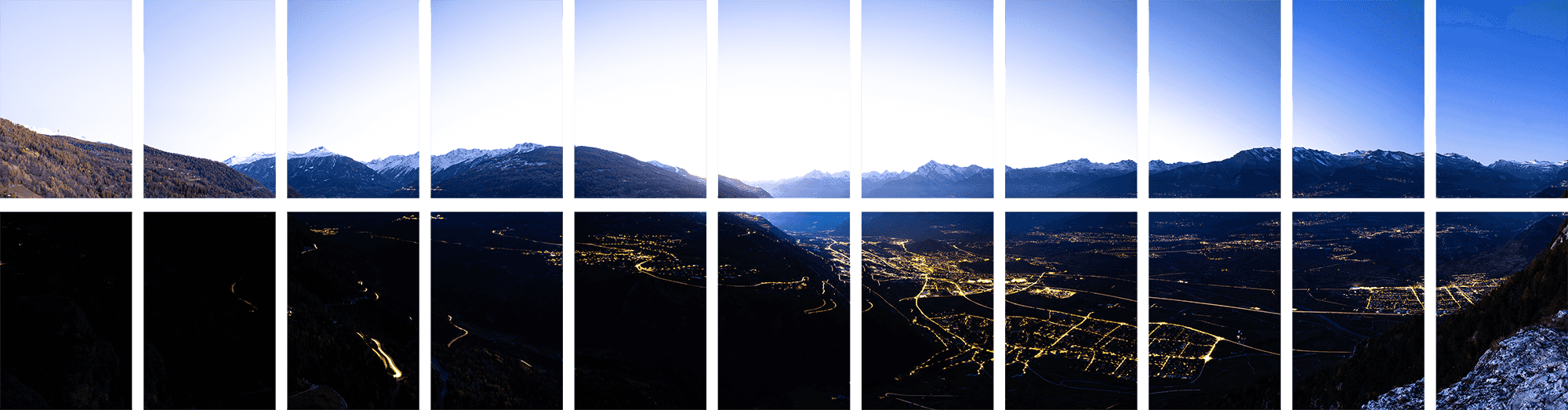Unprocessed single images of a multiline panorama (2 x 11 images) from the Rhone valley in Switzerland