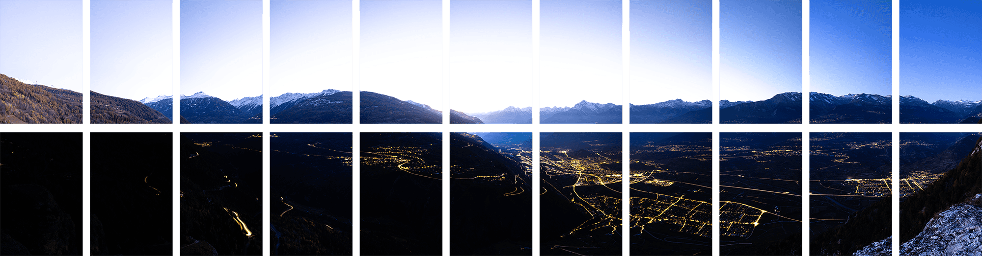 Unprocessed single images of a multiline panorama (2 x 11 images) from the Rhone valley in Switzerland