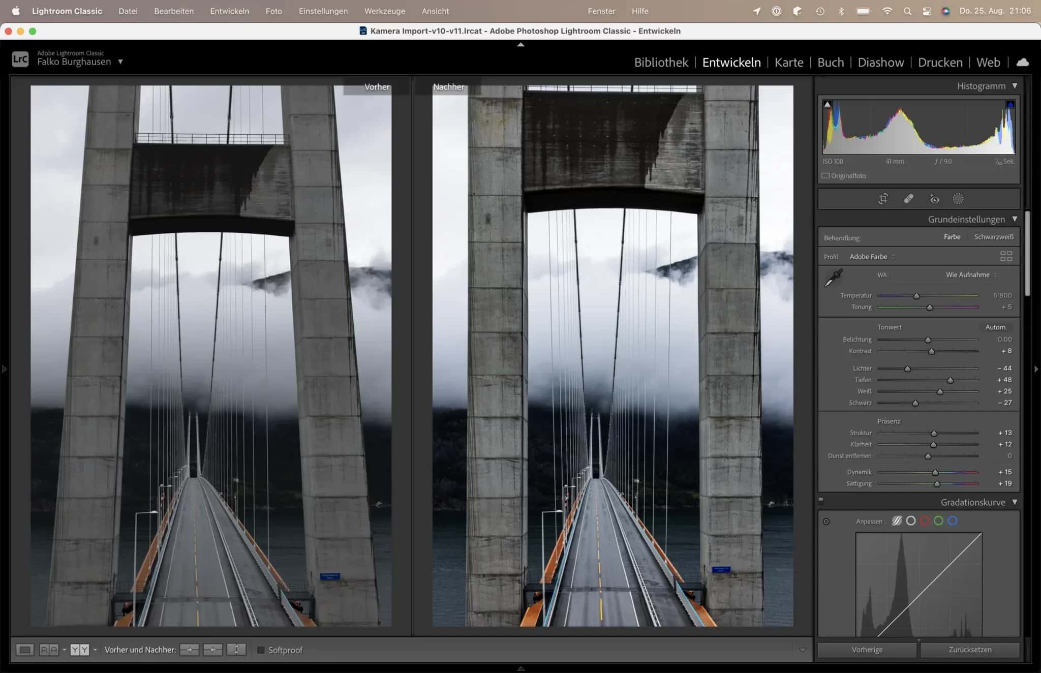 On the left, the unprocessed original with bridge piers distorted towards the top, on the right, the straightened version without plunging lines