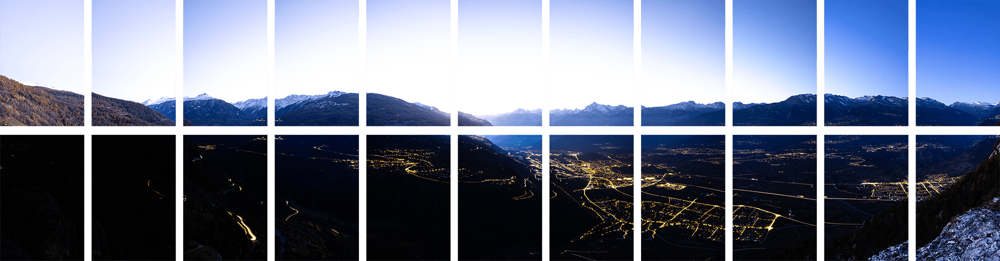 Unprocessed single images of a multiline panorama (2 x 11 images) from the Rhone valley in Switzerland