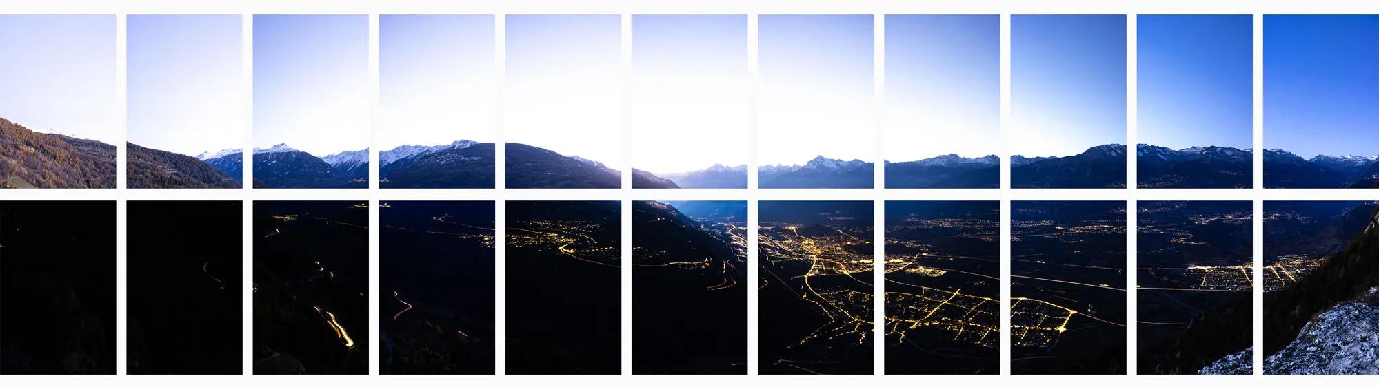 Unprocessed single images of a multiline panorama (2 x 11 images) from the Rhone valley in Switzerland